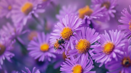 A bee pollinates a purple flower. The bee is surrounded by other purple flowers. The background is...