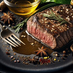A medium-rare grilled steak on a dark plate, surrounded by various spices and herbs such as rosemary, peppercorns, and star anise, with a glass of amber-colored liquid, likely whiskey or brandy also p