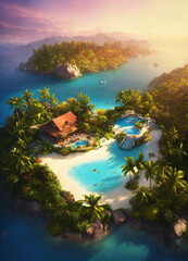 tropical island at sunset