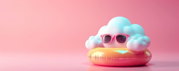 summer minimal concept with a rubber duck in sunglasses on a pink background