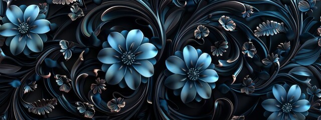 3D render, abstract dark background with turquoise blue flowers and leaves in the style of fractal art. Shiny black wallpaper with an intricate floral design.