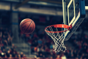 Fototapeta premium Orange Basketball Ball, Basket Net Hoop, Sport Arena NBA Game, Team Play