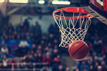 Fototapeta premium Orange Basketball Ball, Basket Net Hoop, Sport Arena NBA Game, Team Play