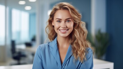 Fototapeta premium Smiling beautiful female professional manager standing with arms crossed looking at camera, happy confident business woman corporate leader boss ceo posing in office, headshot close up portrait