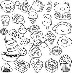 Food Icon sushi, bakery, fast food kawaii doodles style outline drawing and vector