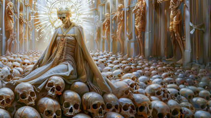 Fototapeta premium old skeleton sits on a pile of bones in the bright light, 3d rendered illustration of a virus