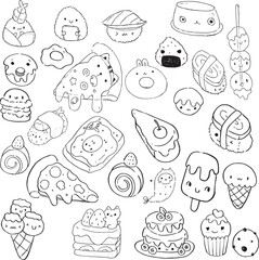 Sushi Japanese pizza and ice cream food doodles style outline drawing and vector.