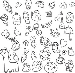 Food Icon sushi, bakery, fast food kawaii doodles style outline drawing and vector