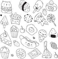 Food Icon sushi, bakery, fast food kawaii doodles style outline drawing and vector
