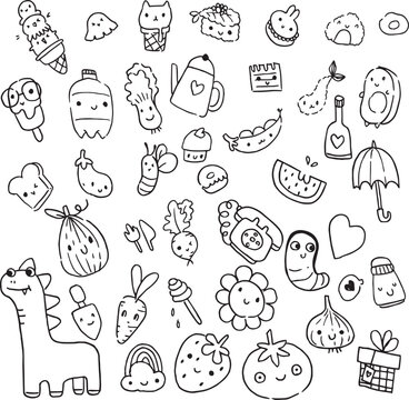 Food Icon sushi, bakery, fast food kawaii doodles style outline drawing and vector