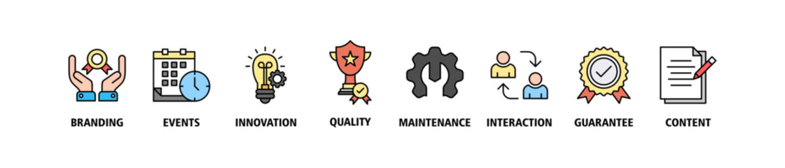 Customer engagement banner web icon set vector illustration concept with icon of branding, events, innovation, quality, maintenance, interaction, guarantee, content