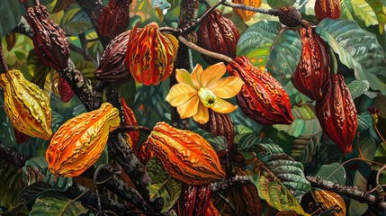 Vibrant cocoa pods nestled among the trees thick branches, a burst of oranges, yellows, and reds, set against the lush green foliage, not a painting image