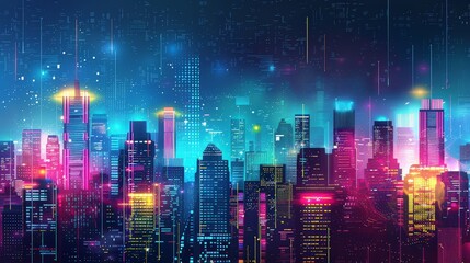 Vibrant Neon Cityscape Illuminated by Colorful Lights