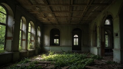 Fototapeta premium A large, empty room with arched windows and doorways. Sunlight streams in, illuminating overgrown, decaying floors covered in greenery.