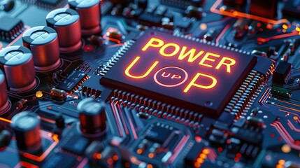 The iClose-up of a computer chip with the words "Power Up" written on it. The chip is surrounded by other electronic components.