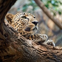A beautiful lepard on the tree is watching 
