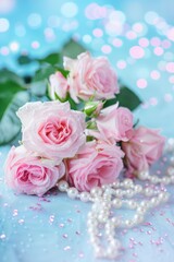 Mother's Day concept, pink roses bouquet with pearls, valentine, wedding card, bokeh glitter vertical background