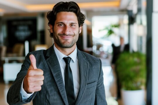 confident smiling businessman showing thumb up gesture in a modern office, success positive outlook concept