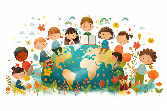 “Children Uniting the World” Children from diverse backgrounds surround and embrace a globe, symbolizing unity, peace, and environmental stewardship amidst a backdrop of flowers and playful elements.
