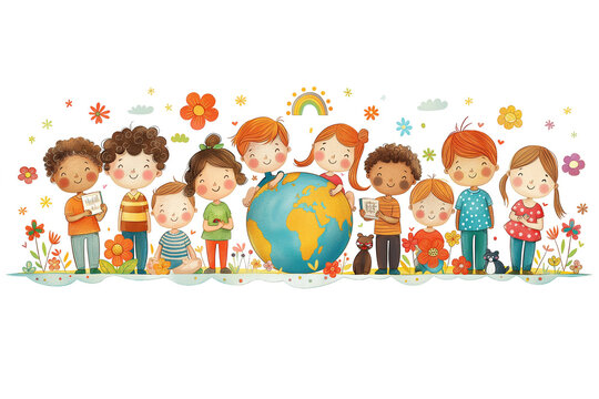 “Children Uniting the World” Children from diverse backgrounds surround and embrace a globe, symbolizing unity, peace, and environmental stewardship amidst a backdrop of flowers and playful elements.