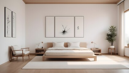 Fototapeta premium white bedroom, a three-piece painting with zen art hanging on the wall, a minimalist 