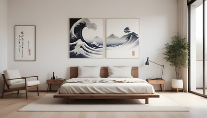 white bedroom, a three-piece painting with zen art hanging on the wall, a minimalist 