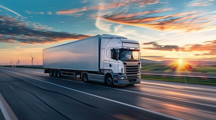 A semi truck speeding along a highway with a vibrant sunset in the background, symbolizing logistics and transport.