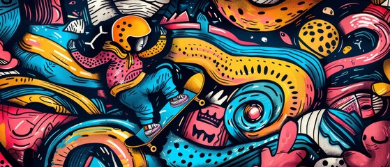 a colorful background, a lively skateboarder dashes by amidst graffiti-laden walls