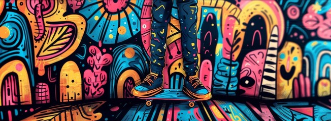 a vibrant backdrop, a graffiti-clad skateboarder adds a burst of color to the scene