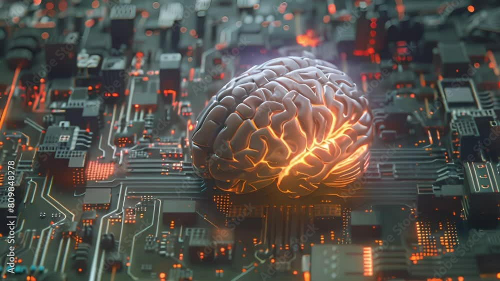 Poster a computer circuit board with a human brain placed on top, symbolizing the connection between techno