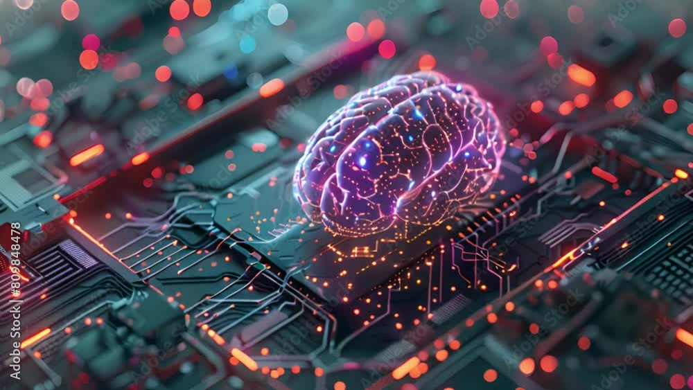 Poster a computer circuit board with a realistic brain model placed on top, symbolizing the integration of 
