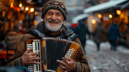 A accordionist squeezing out soulful tunes, their instrument shining against a quaint cobblestone...