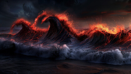 A dramatic interaction of fiery red and midnight black waves, creating a powerful visual that mimics the intense energy of a volcanic eruption.