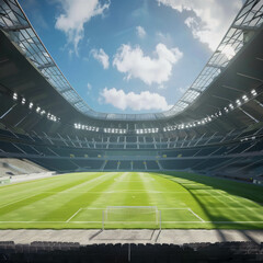 Spectacular perspective inside the 8K ultra football field, showcasing the thrill of the match. AI generative techniques refine stadium views.