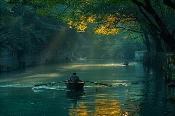 Person Rowing Boat Down River