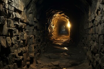 Winding Stone underground tunnel. Stone dark path. Generate Ai