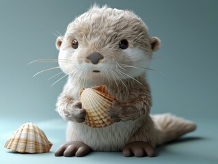 A serene otter in a 3D-rendered costume cradles a seashell against a calming seafoam backdrop, embodying tranquility.