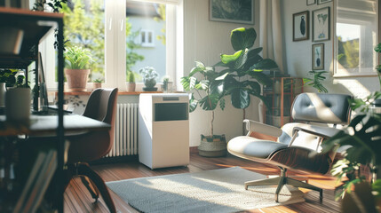Indoor air purifier displayed in a professional setting, highlighting respiratory health. AI generative technology optimizes indoor appliance photography.