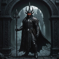 Guardian of the Underworld, black armored demon knight, glowing eyes, gates of hell, Dark Souls boss design, fantasy illustration, high detail, no AI artifacts