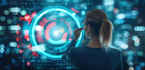 Woman interacting with a futuristic digital display, featuring glowing circular graphs and technology elements.