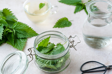 Make herbal remedy nettle tincture. A glass jar with nettle leaves on white table. Weight loss and...