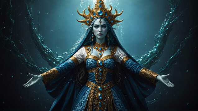 A folklore water maiden, ancient guardian deity of the seas, submerged environment, blue and golden decorative dress, fantasy illustration, high detail, no AI artifacts