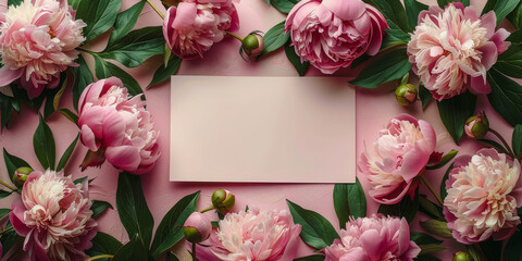 Elegant Pink Peonies and Blank Card on Textured Background for Invitations and Announcements