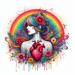 A girl with a rainbow in her hair and a heart in the center of her chest. There are rainbows and flowers on the background.