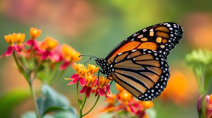 A monarch butterfly pollinates a flower. The butterfly is orange, black, and white. The flower is red, yellow, and orange. The background is green.