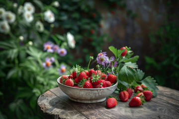 Rustic Bowl of Fresh Strawberries on Wooden Table in Garden