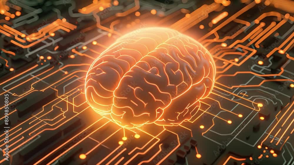 Poster a glowing brain sits atop a computer circuit board, symbolizing the fusion of technology and human i