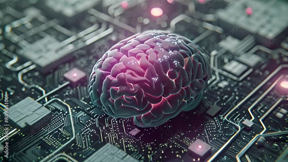 Poster a brain resting on top of a computer circuit, symbolizing the connection between human intelligence 