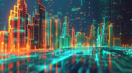 Futuristic Digital Cityscape with Neon Lights and Data Streams