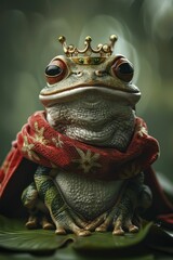 A whimsical frog prince donned in a regal crown, set against a lush green lily pad backdrop in a fairy tale-themed 3D rendering.
